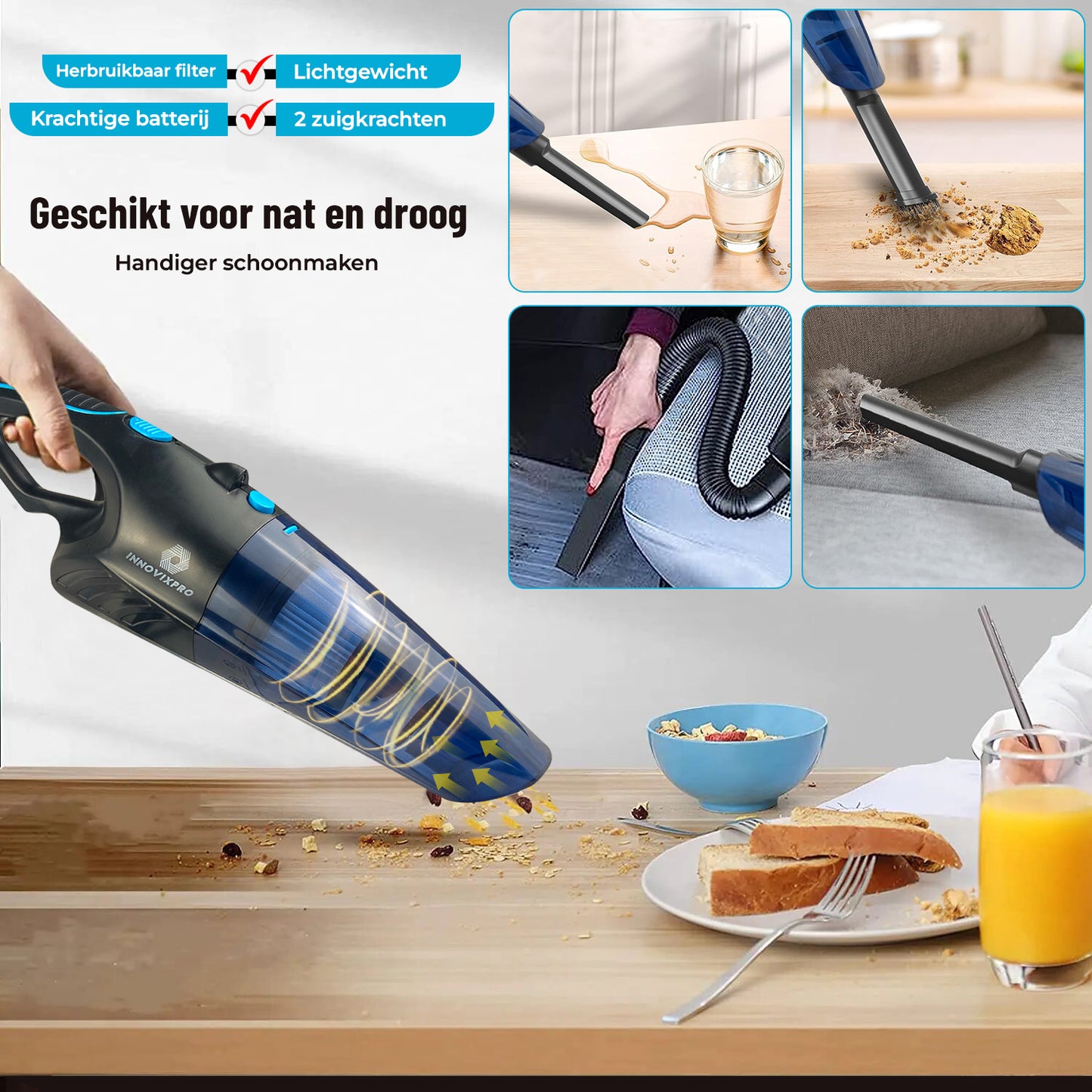 Innovixpro® Kruimeldief – Nat&Droog – 17000Pa ! Sterkste van de benelux ! Met 2 filter's