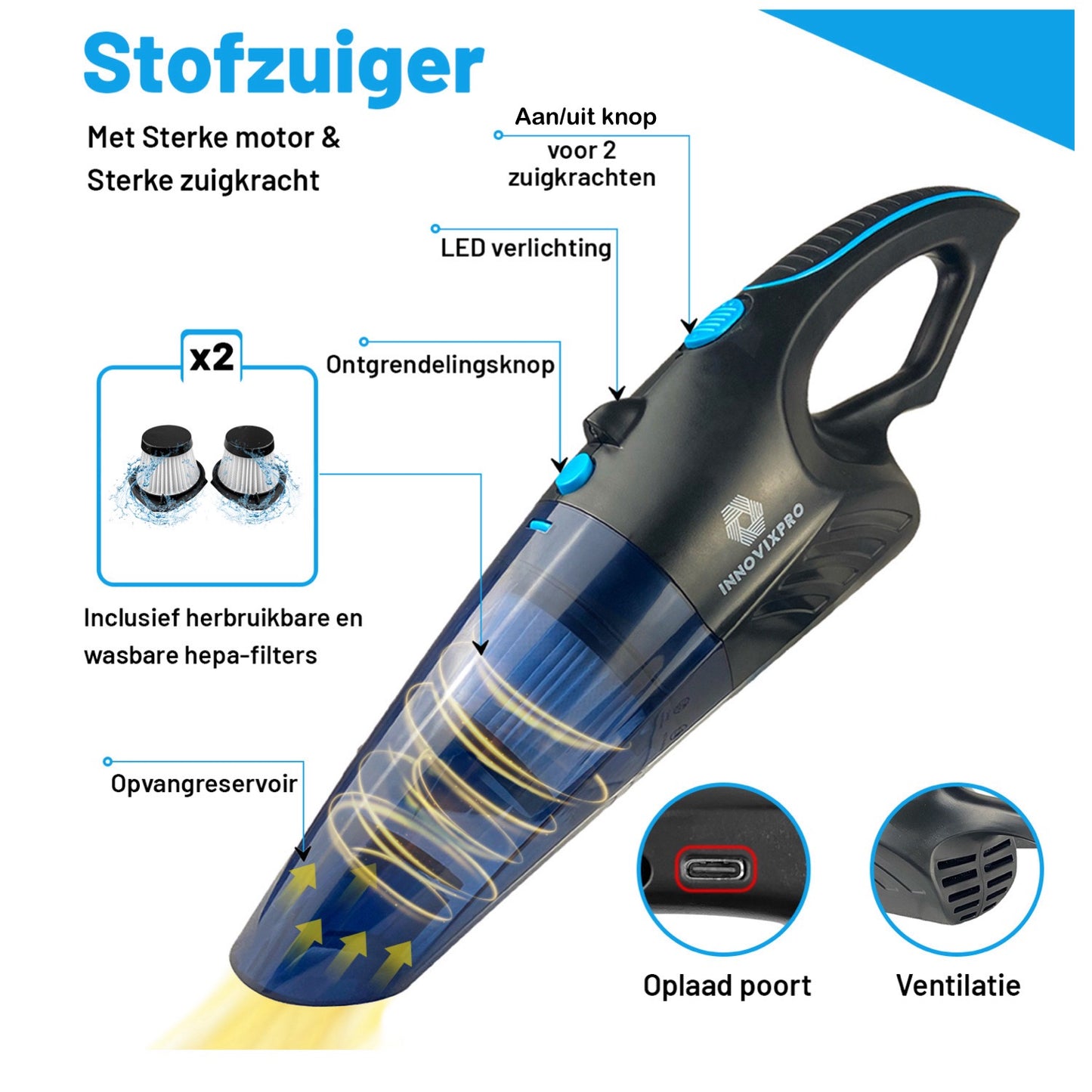 Innovixpro® Kruimeldief – Nat&Droog – 17000Pa ! Sterkste van de benelux ! Met 2 filter's