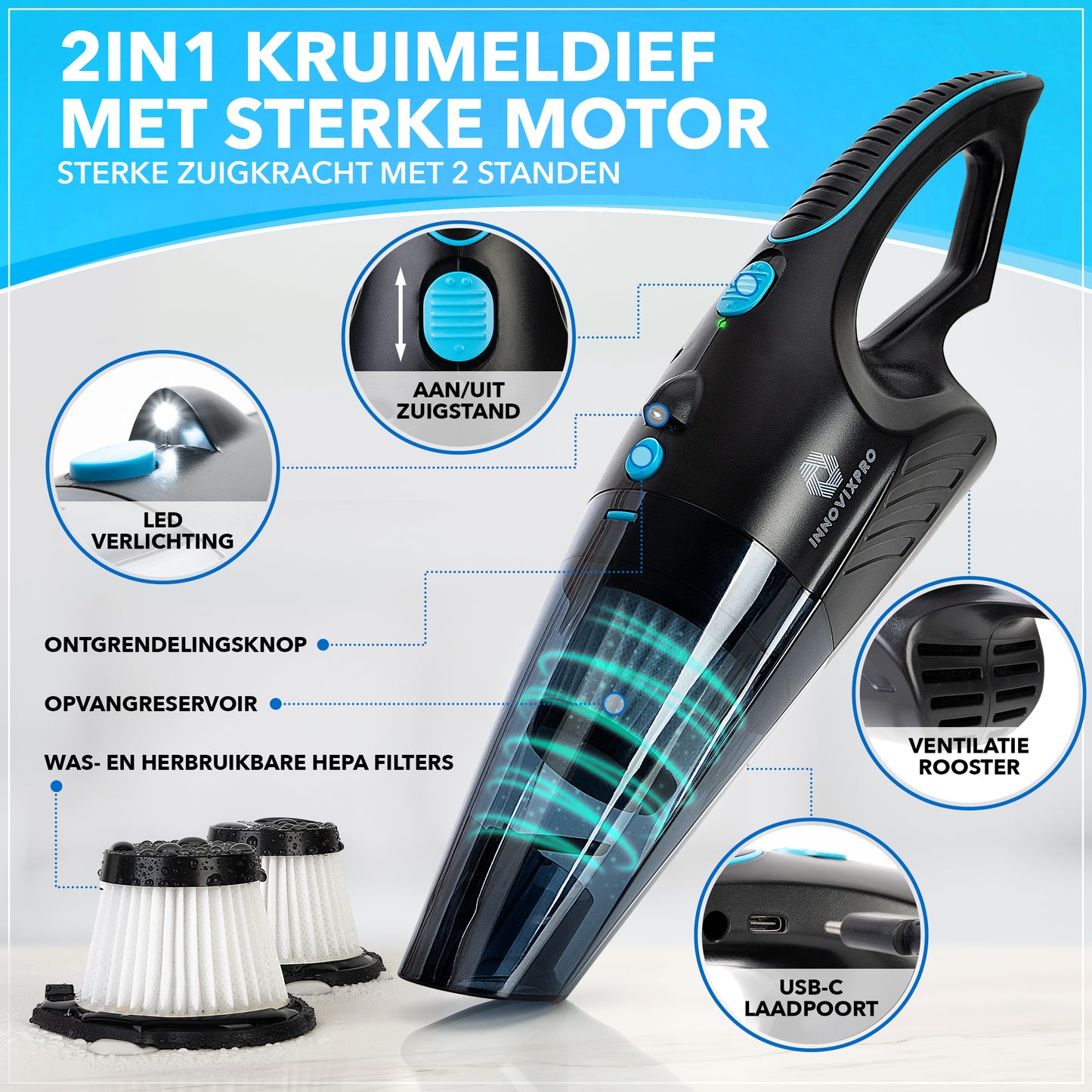 Innovixpro® Kruimeldief met steel – Nat&Droog – 17000Pa – 2 Filter's