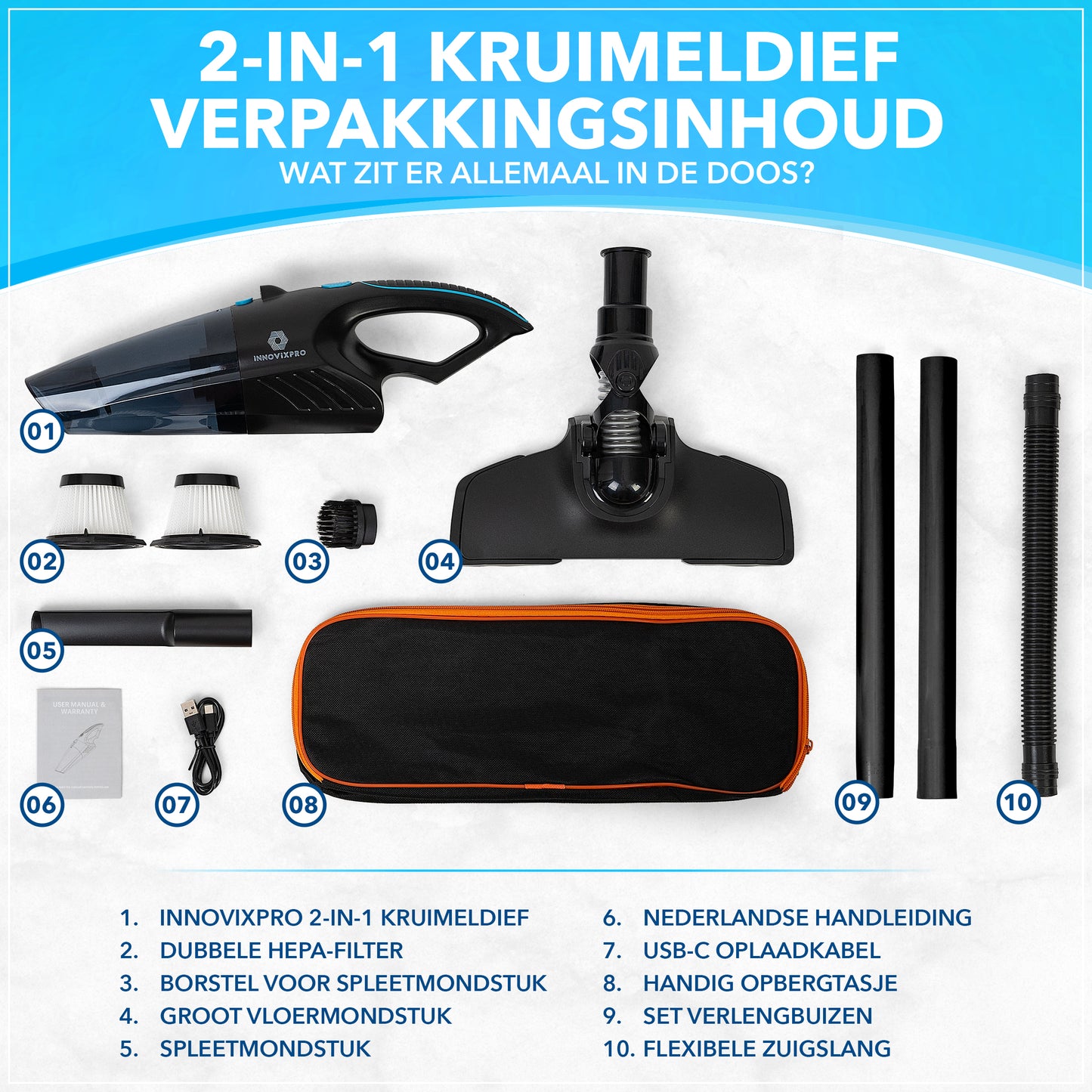 Innovixpro® Kruimeldief met steel – Nat&Droog – 17000Pa – 2 Filter's