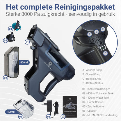 Innovixpro® Draadloze Tapijtreiniger – 45 Minuten Accuduur !